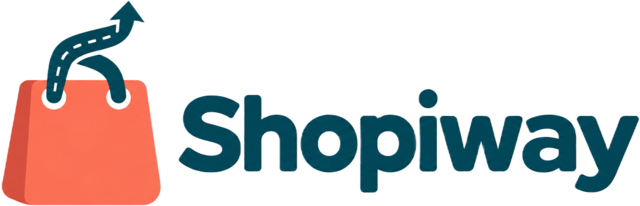 Shopiway logo: shopping bag with a winding path arrow