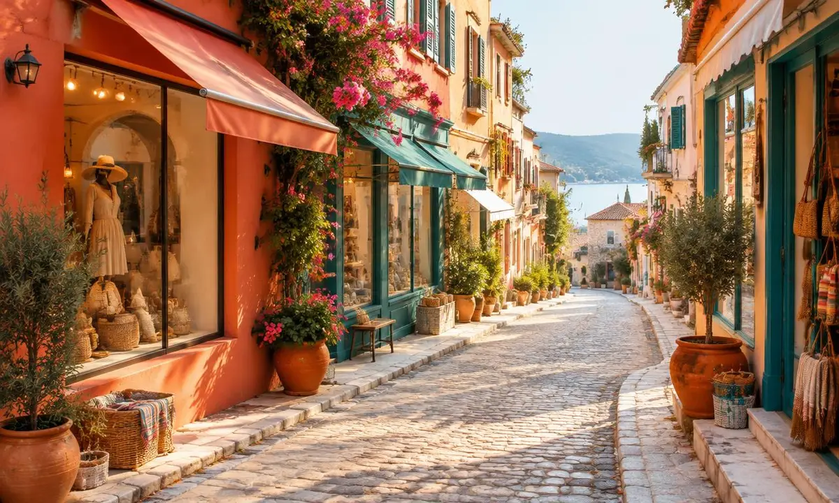 Sunlit cobblestone shopping street lined with colorful boutiques
